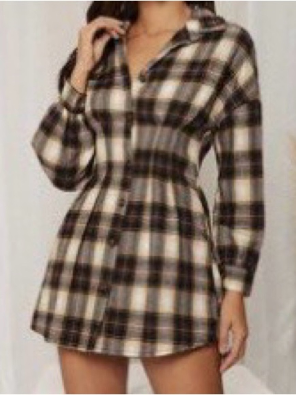 SHEIN Brown Plaid Button-Down Mini Shirt Dress - Size XS